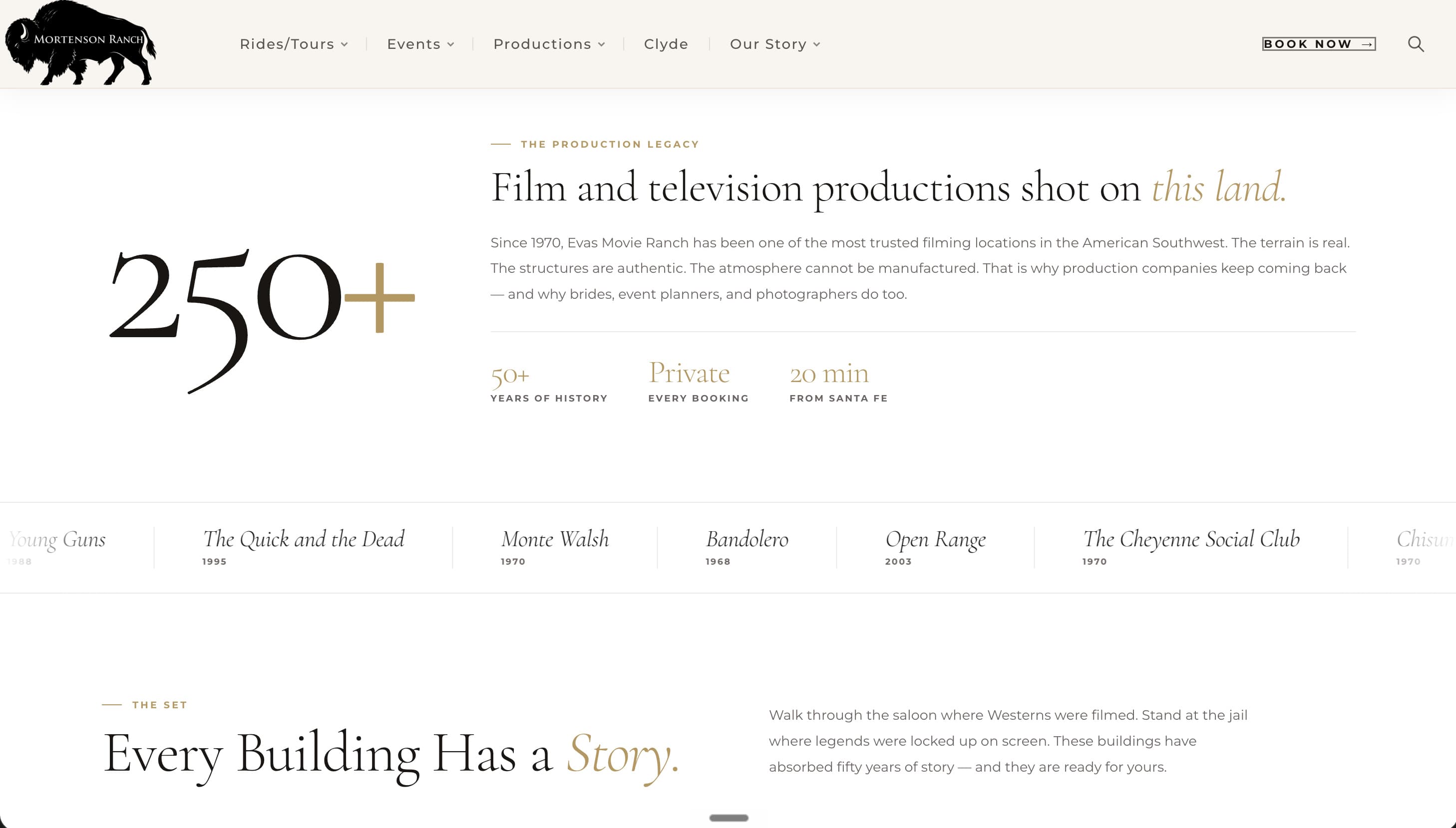 The new movie ranch section before launch: 250+ film and television productions shot on this land, with a list of titles