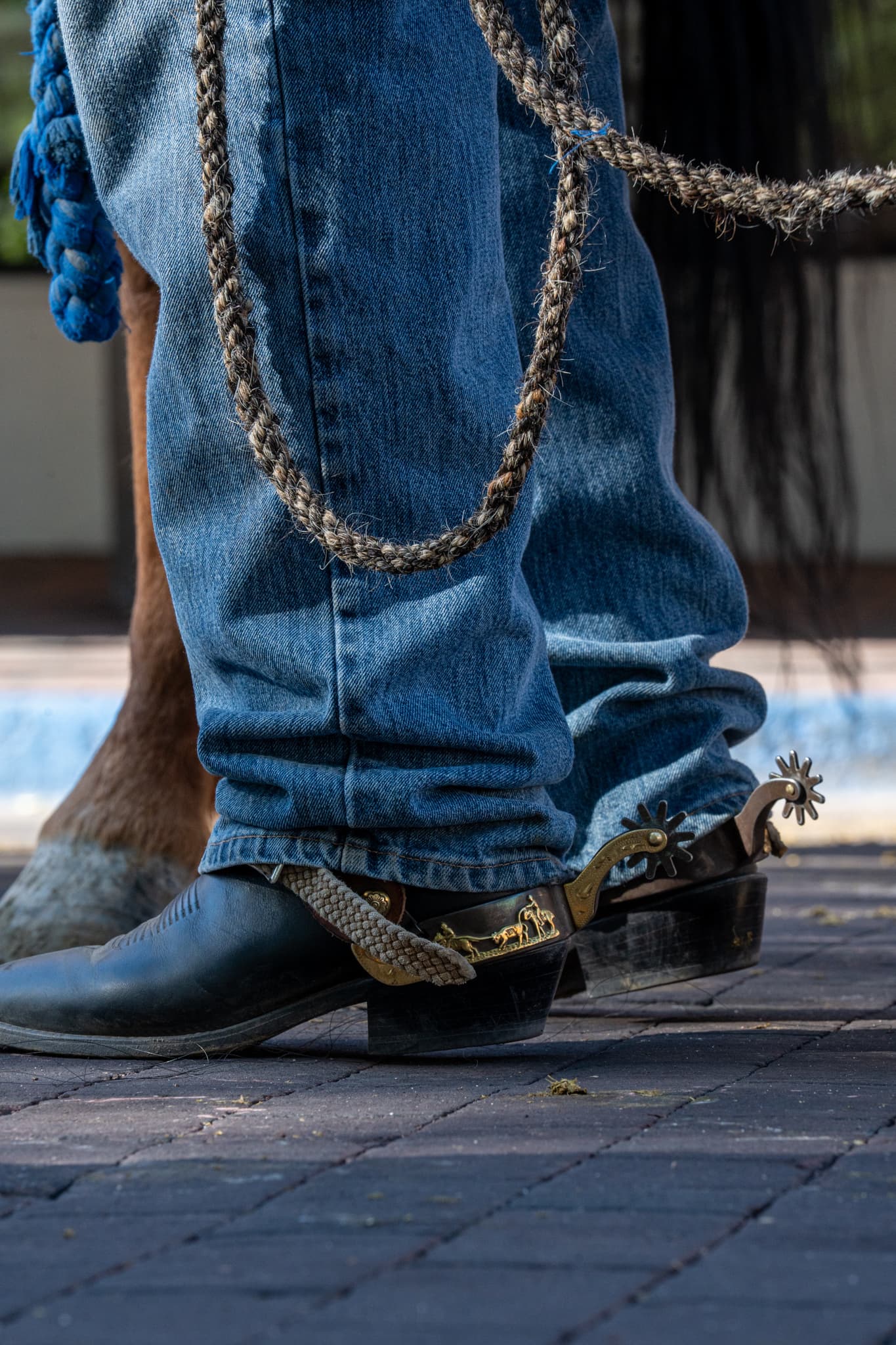 Close-up of a rider's boots, spurs, and braided reins against blue jeans