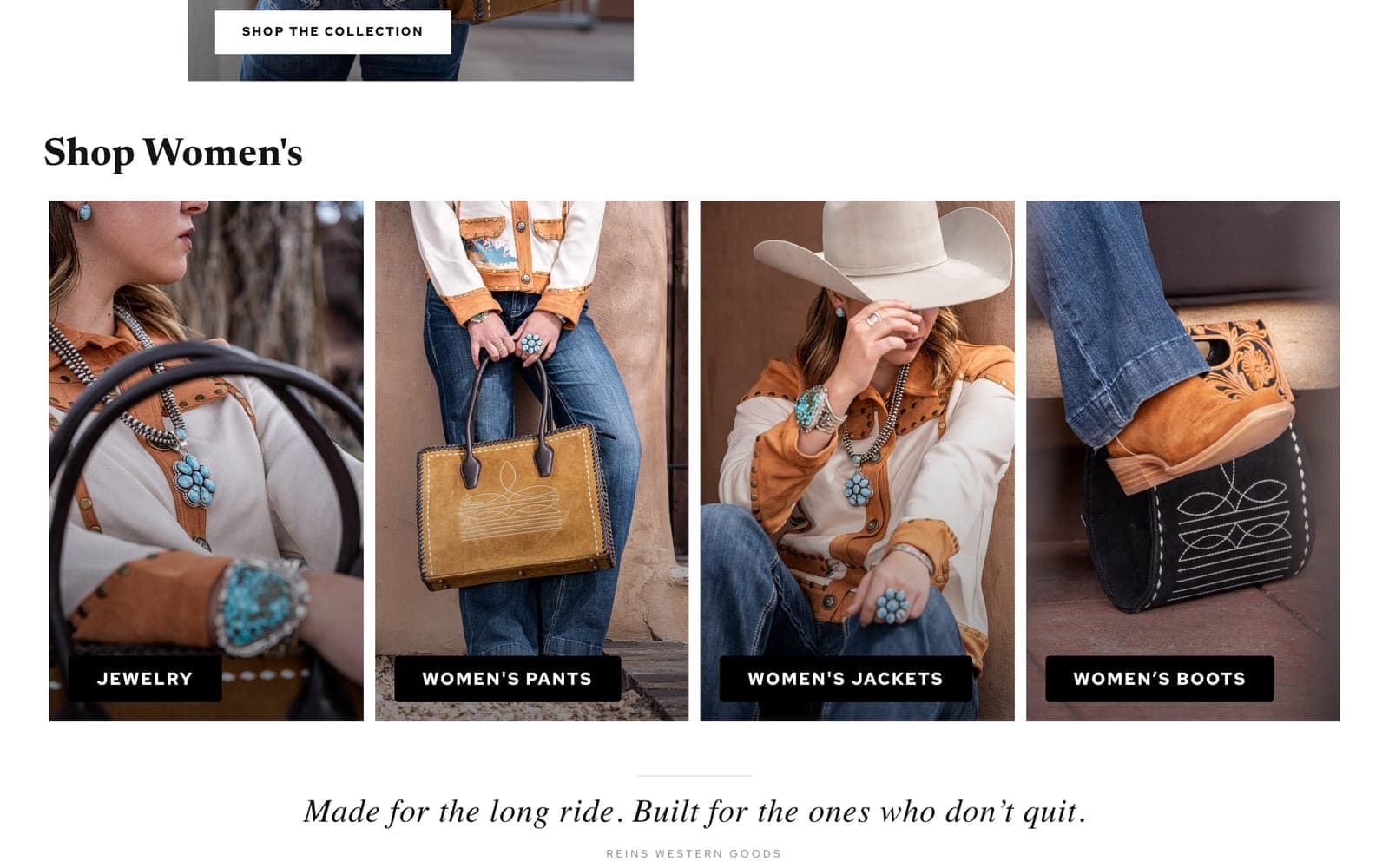 The Shop Women's row on the Reins homepage: four tall photographs of jewelry, pants, jackets, and boots worn by a model, each labeled with its department