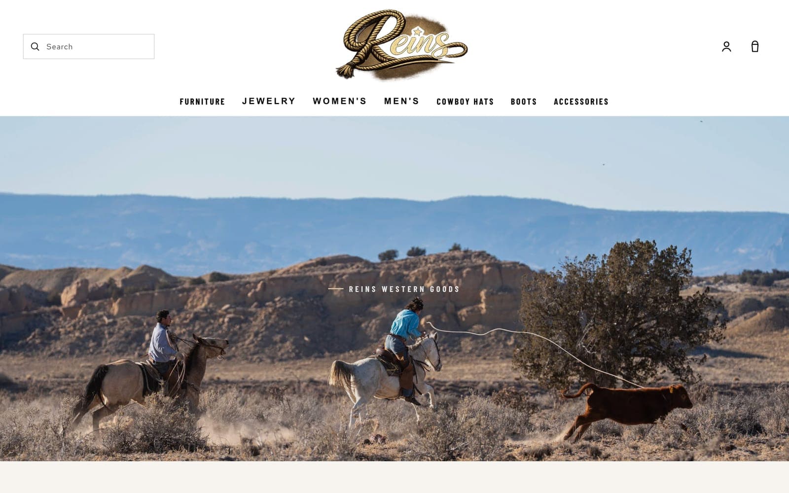 The About page: two riders and a loose horse crossing open high desert under a wide sky