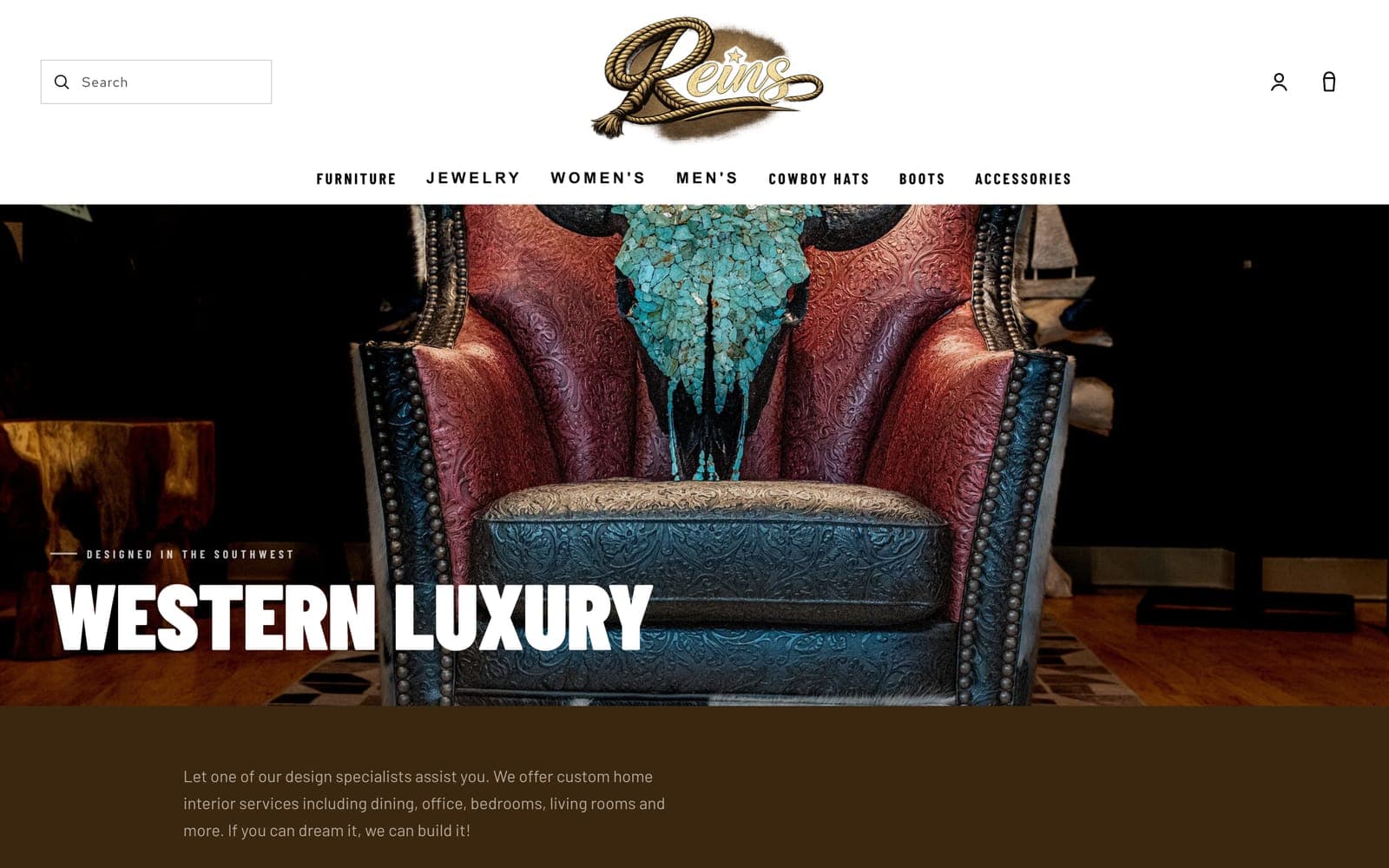 The Reins furniture page: a red leather armchair with a turquoise skull carved into its back, under the headline Western Luxury