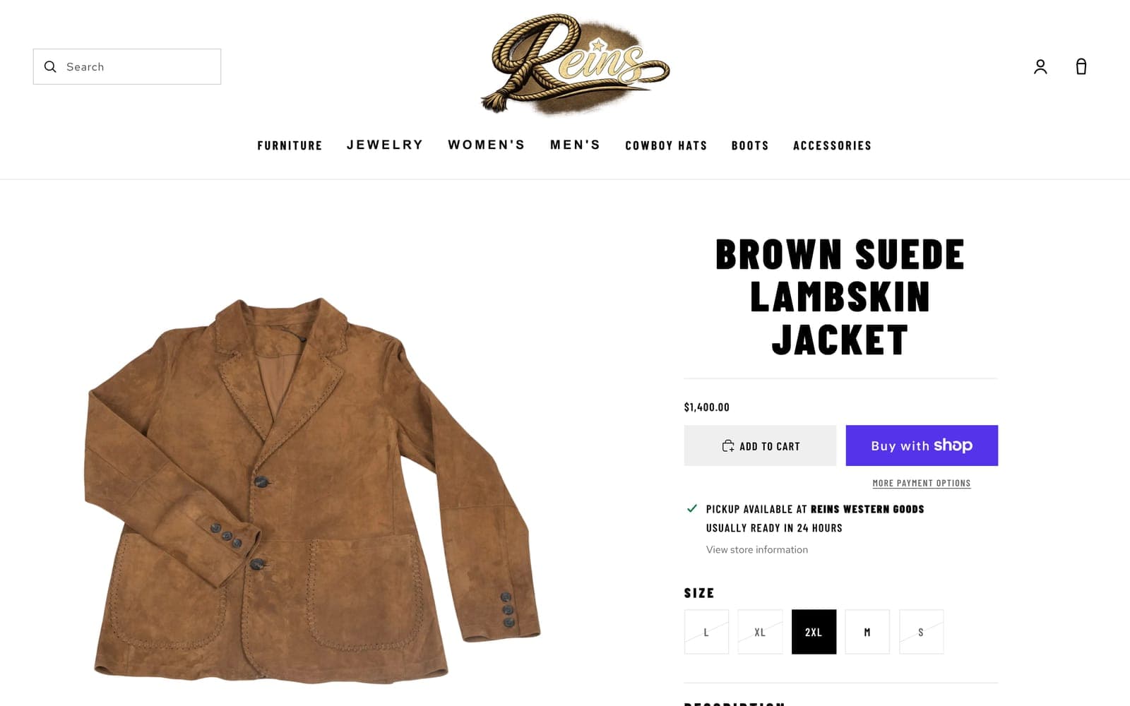 The product page for the Brown Suede Lambskin Jacket, with sizes, Add to cart, and Buy with Shop