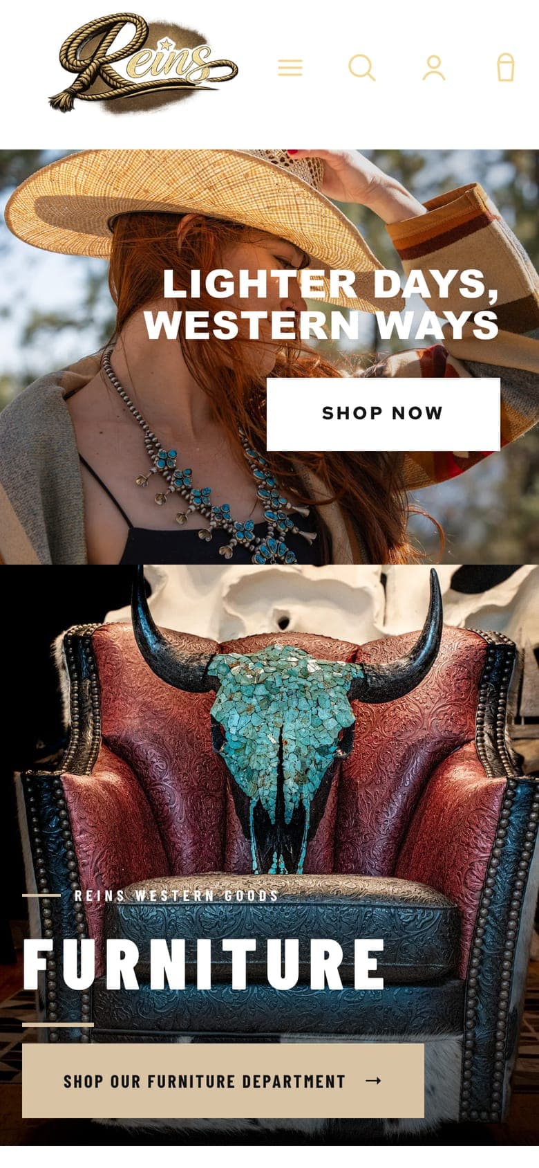 The Reins homepage on a phone, the Lighter Days, Western Ways cover above the Furniture panel