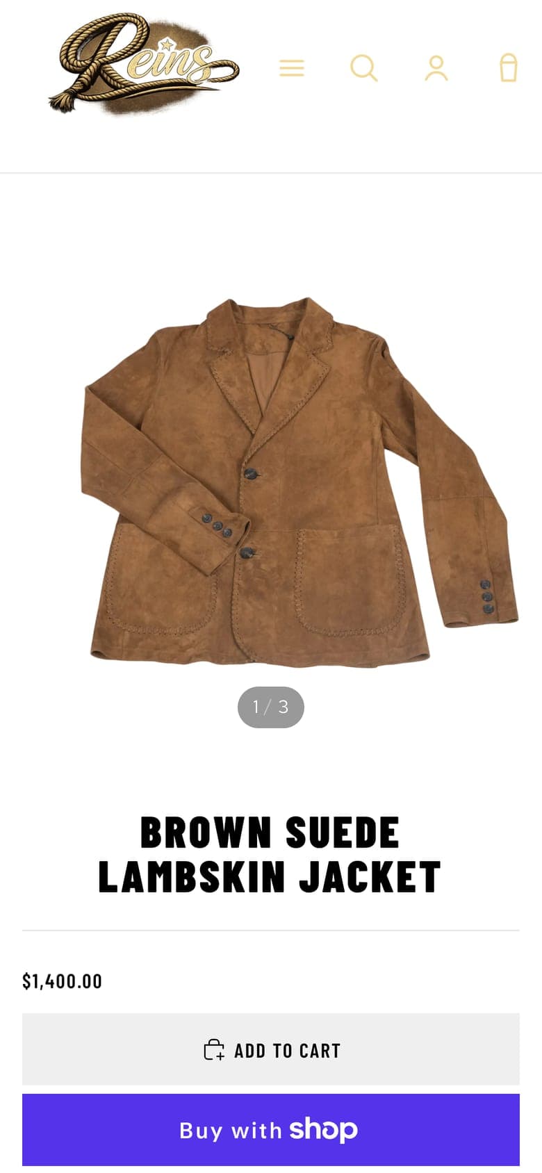 The Brown Suede Lambskin Jacket product page on a phone