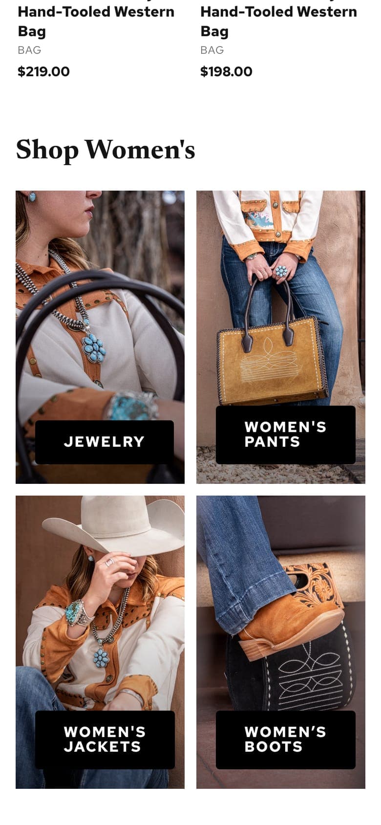 The Shop Women's tiles on a phone: jewelry, pants, jackets, and boots