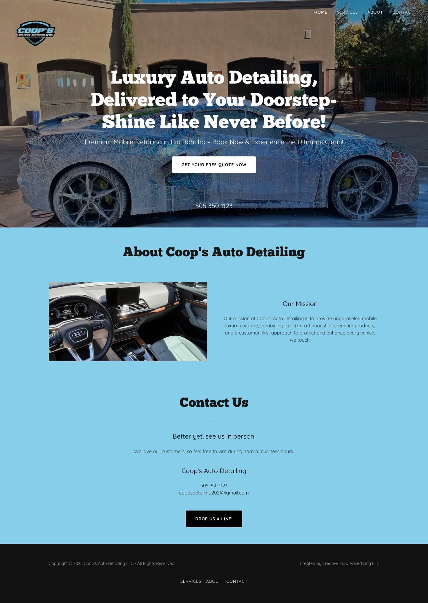 The full Coop's Auto Detailing website built by Creative Flow Studio — homepage scrolled top to bottom