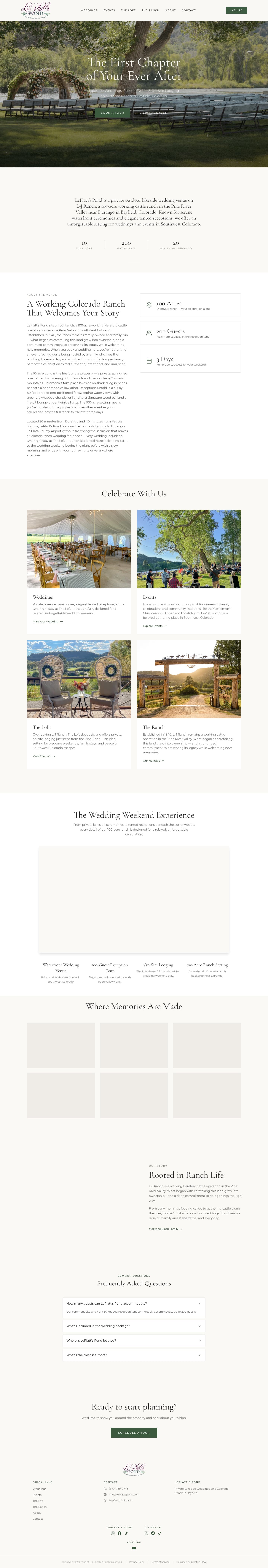 The full LePlatt’s Pond website built by Creative Flow Studio — homepage scrolled top to bottom