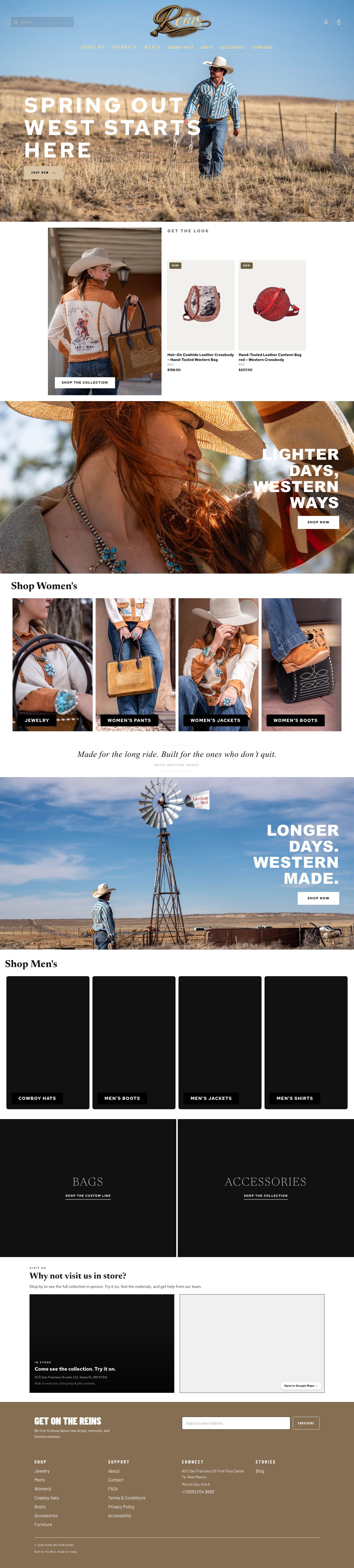 The full Reins Western Goods website built by Creative Flow Studio — homepage scrolled top to bottom