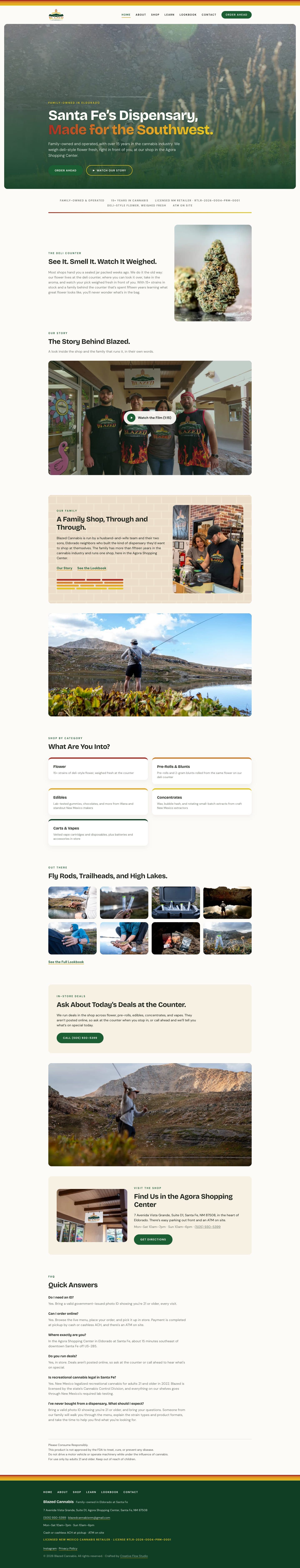 The full Blazed Cannabis homepage at desktop width, scrolled top to bottom
