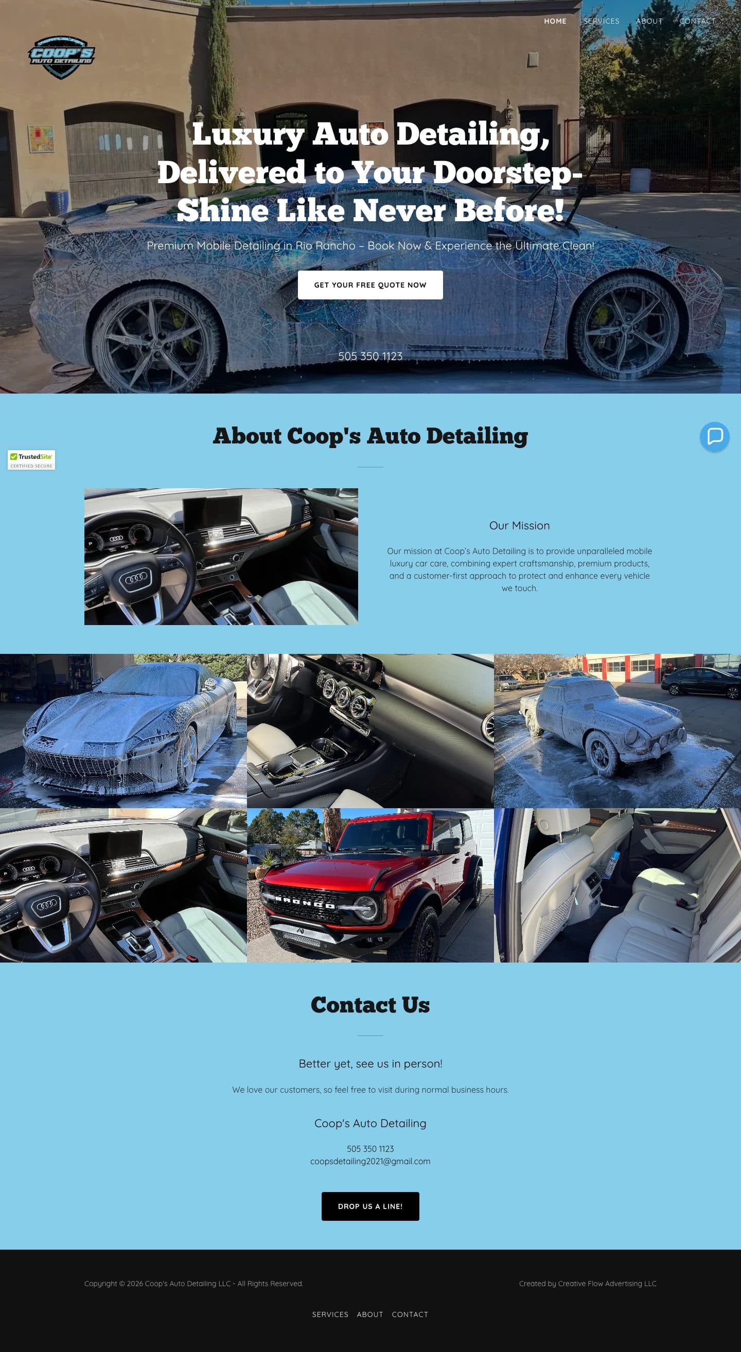 The full Coop’s Auto Detailing homepage at desktop width, scrolled top to bottom