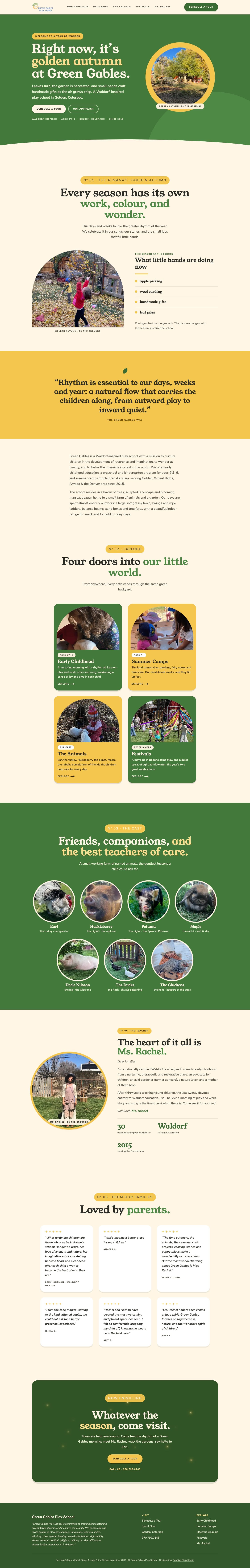 The full Green Gables Play School homepage at desktop width, scrolled top to bottom