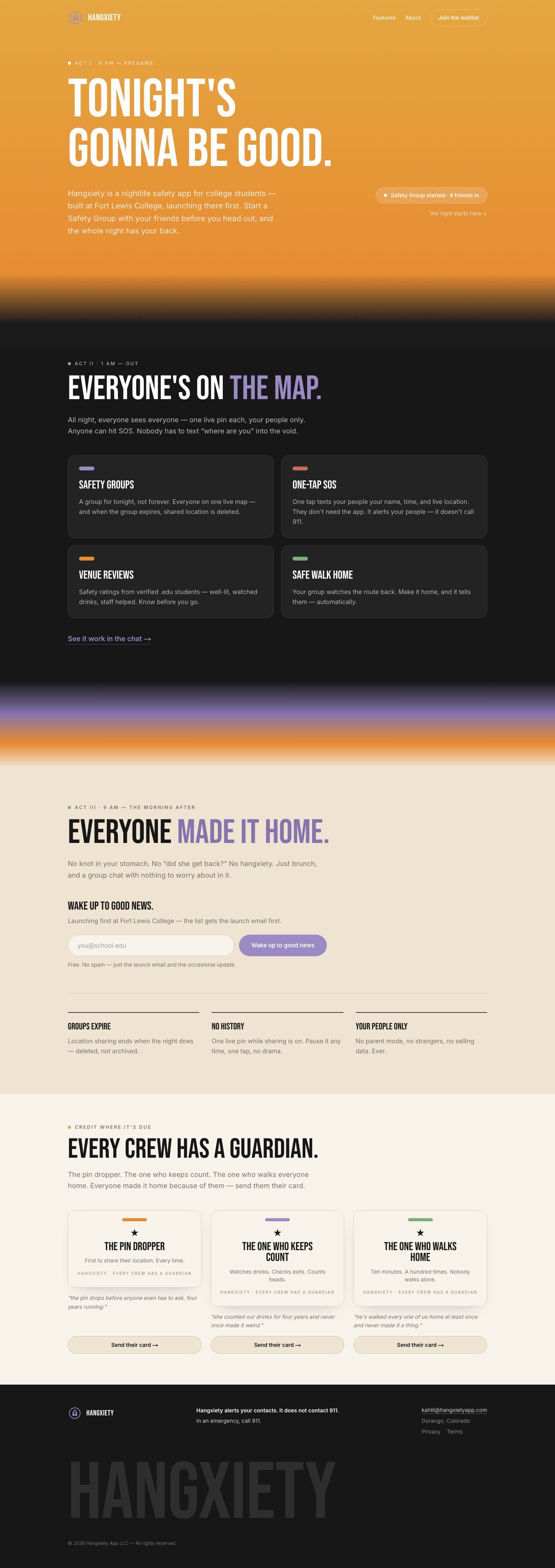The full Hangxiety homepage at desktop width, scrolled top to bottom