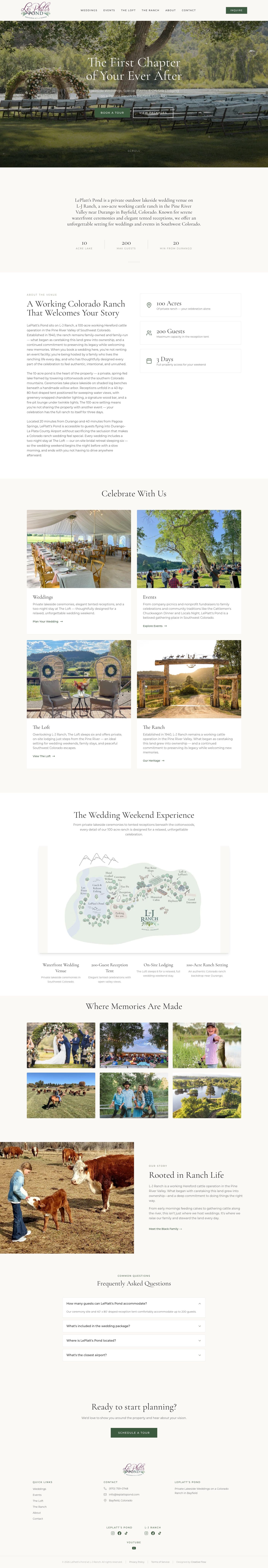 The full LePlatt’s Pond homepage at desktop width, scrolled top to bottom