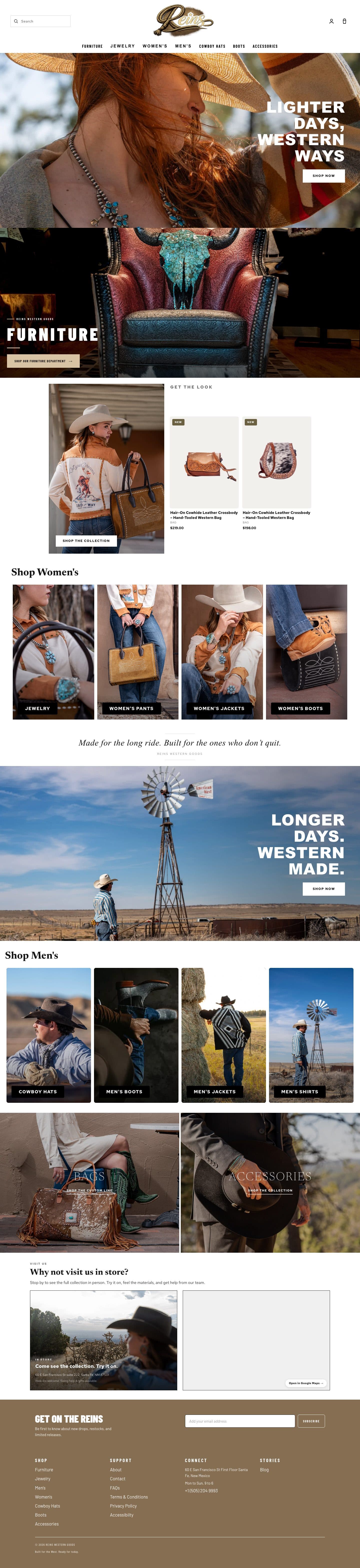 The full Reins Western Goods homepage at desktop width, scrolled top to bottom
