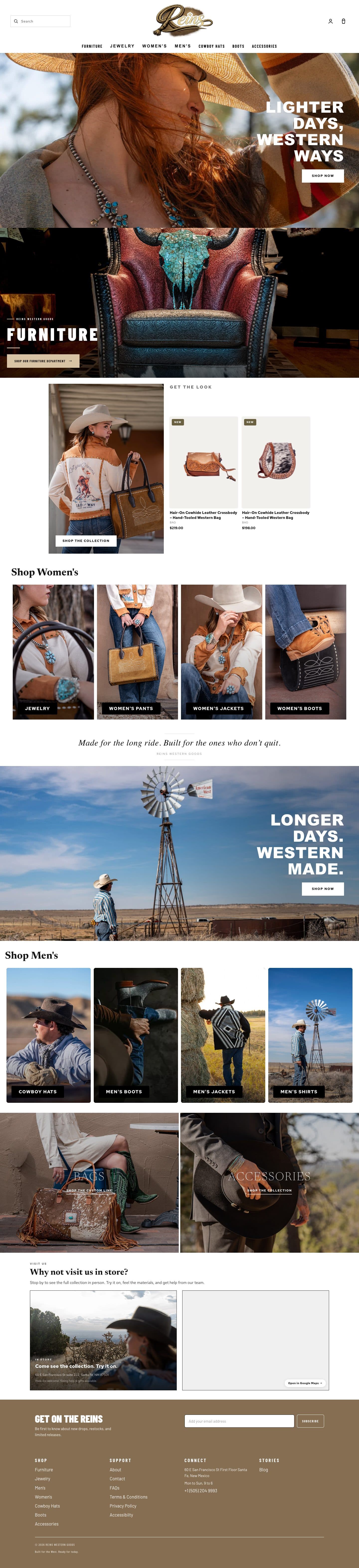 The full Reins Western Goods homepage at desktop width, scrolled top to bottom