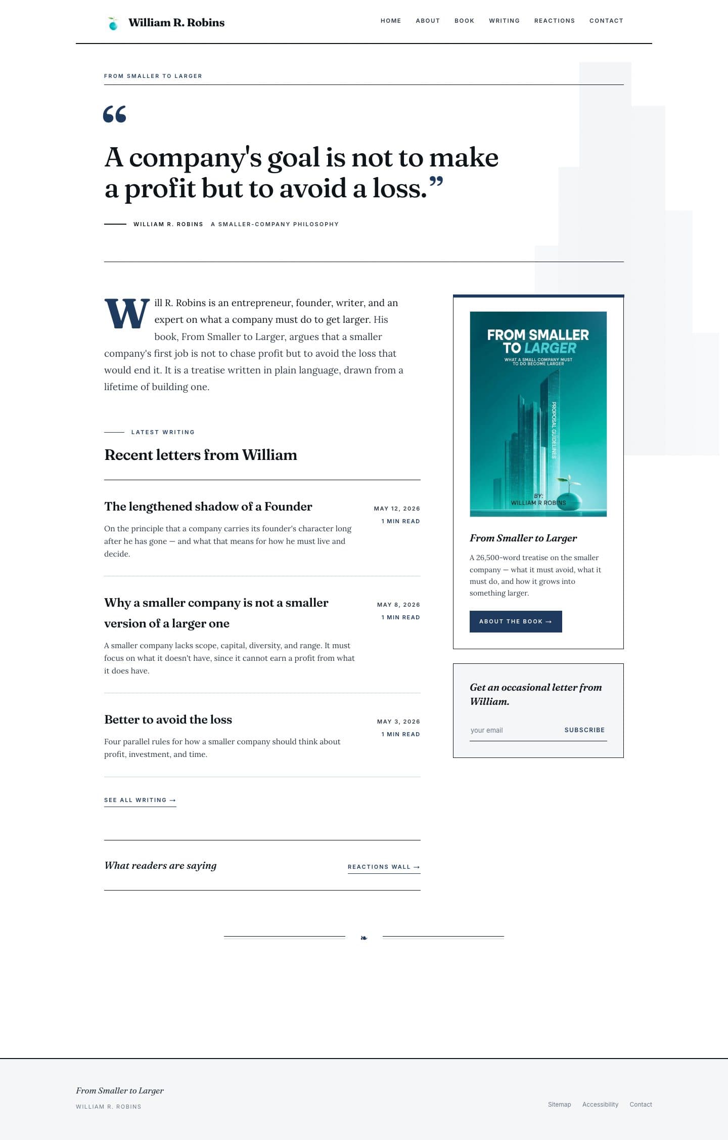 The full William R. Robins homepage at desktop width, scrolled top to bottom
