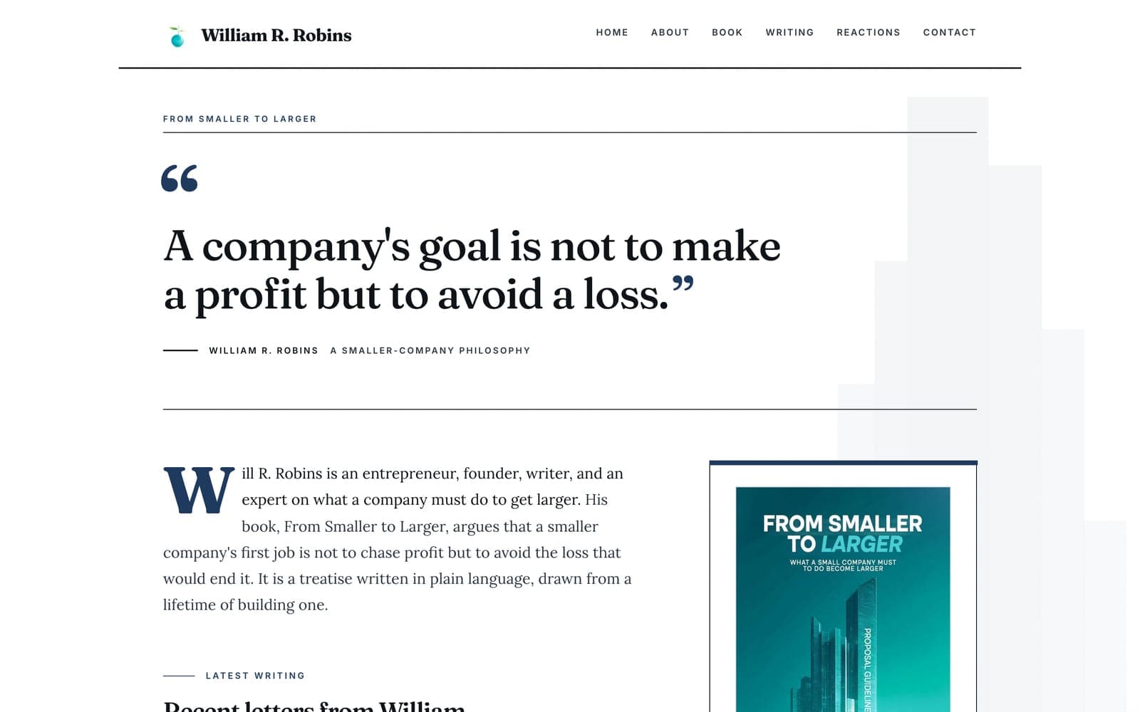 scalefromsmall.com: William's thesis quote set large in a navy serif, with his bio and the book cover below