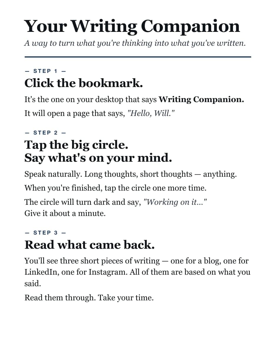 Page one of Will's two-page guide, Your Writing Companion: step 1, click the bookmark; step 2, tap the big circle and say what's on your mind; step 3, read what came back