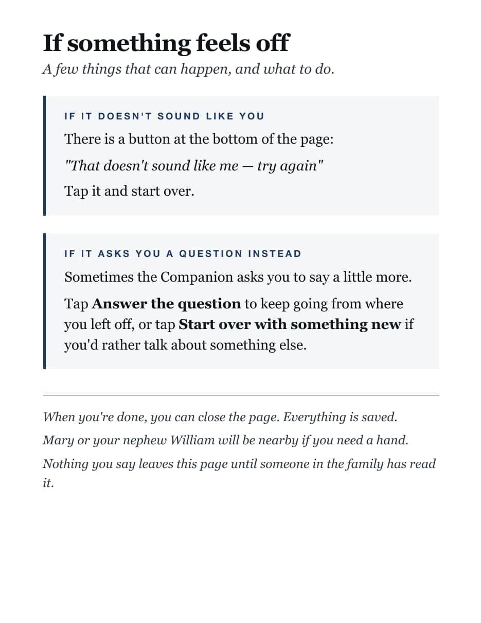 Page two of Will's guide, If something feels off, explaining the try-again and answer-the-question buttons
