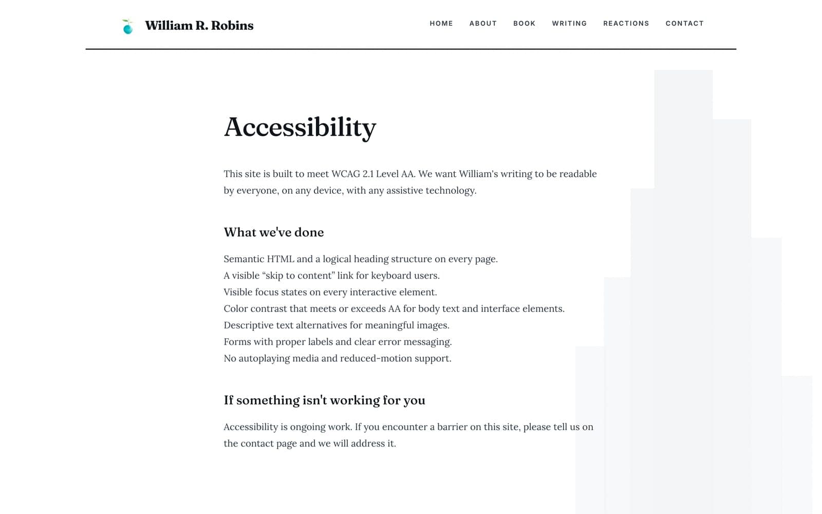 The accessibility statement: the site is built to WCAG 2.1 Level AA, with a list of what that includes
