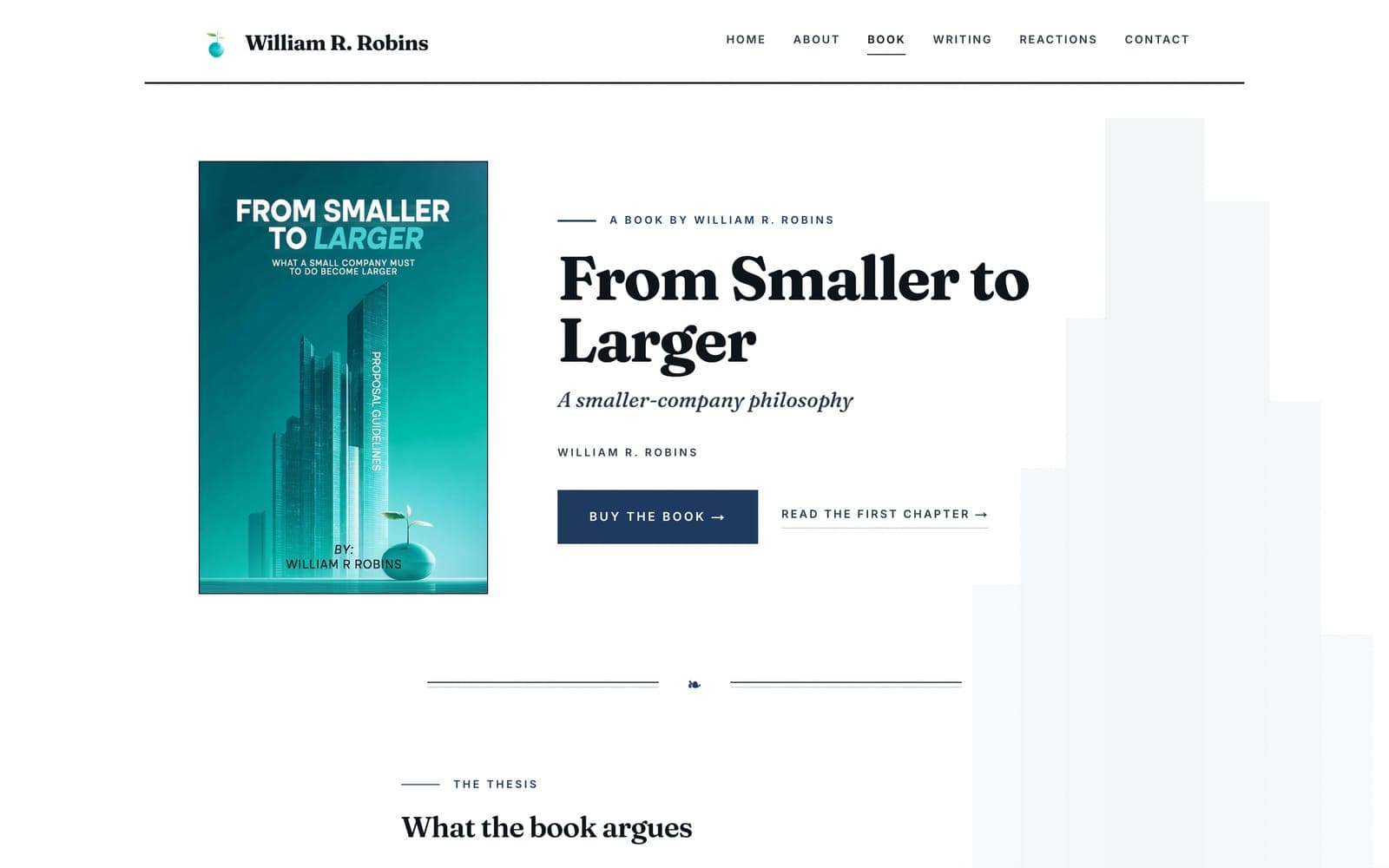 The book page: the From Smaller to Larger cover beside the title, a Buy the Book button, and Read the First Chapter
