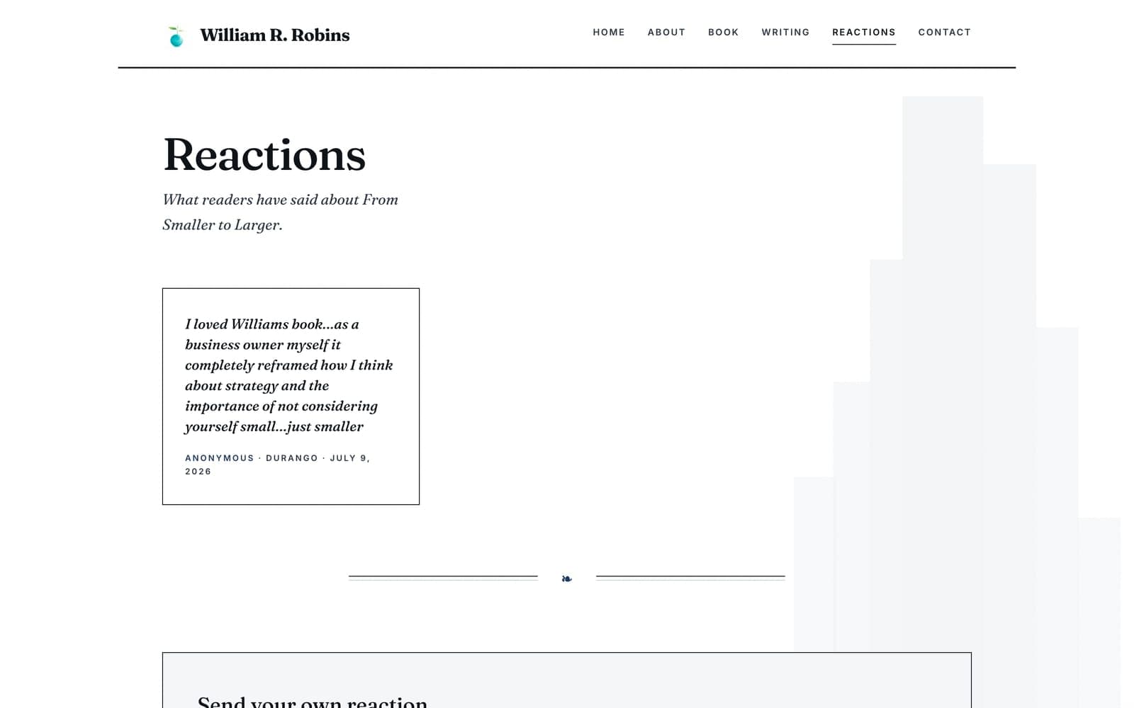 The Reactions page: one reader's note about the book, with the submit form below