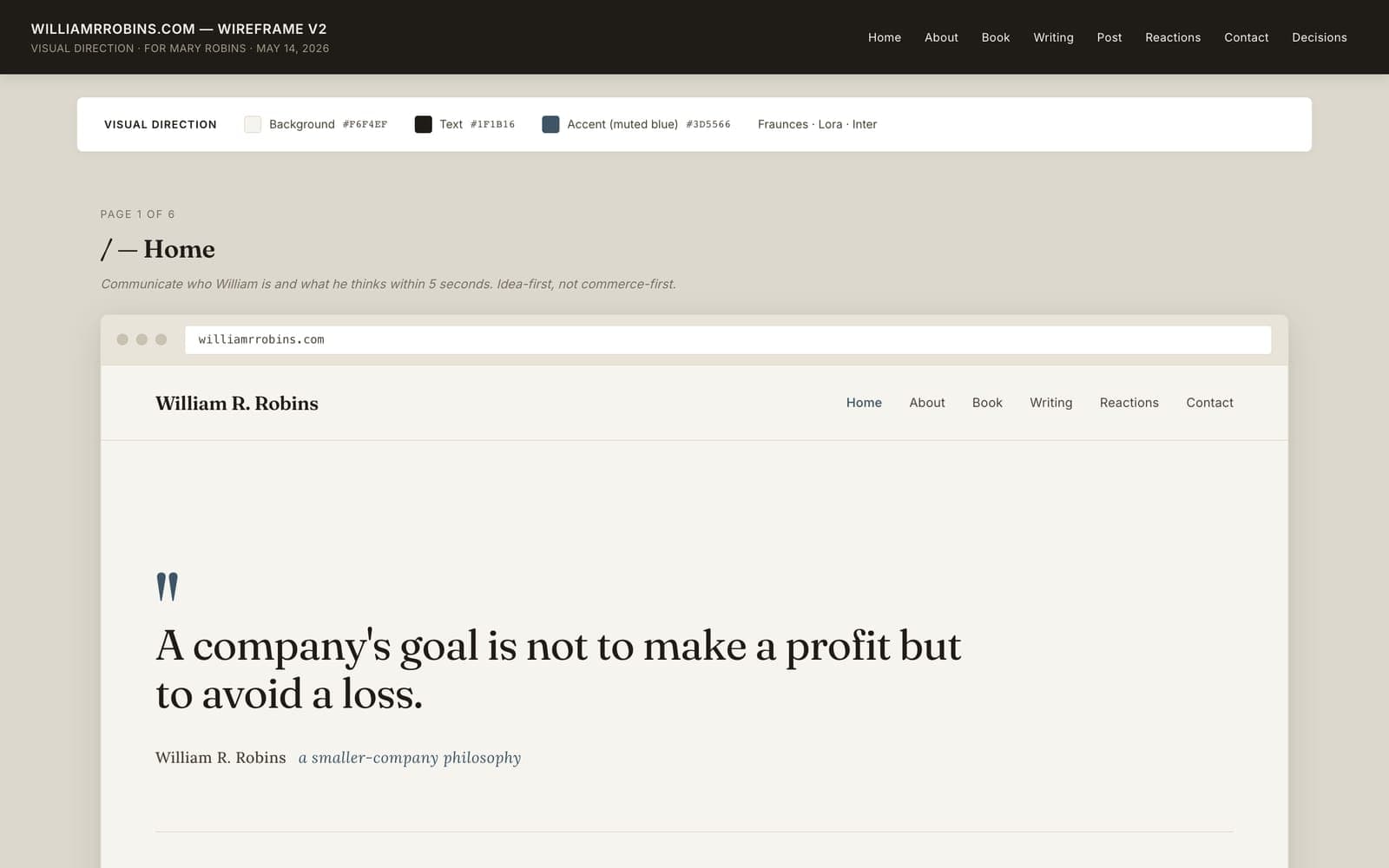 Wireframe v2, visual direction, May 14, 2026: the thesis quote set large in a serif, with the chosen colors and typefaces listed above